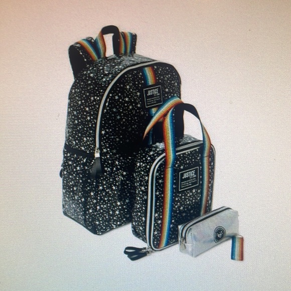 Justice Girls Backpack, Lunch Tote and Pencil Case, 3-Piece Set Black Star Print - Picture 1 of 6